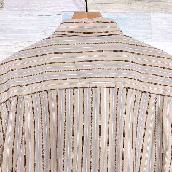 AIGLE Embroidered Striped Button Front Shirt Beige Brown Lightweight Mens Large - Picture 5 of 6